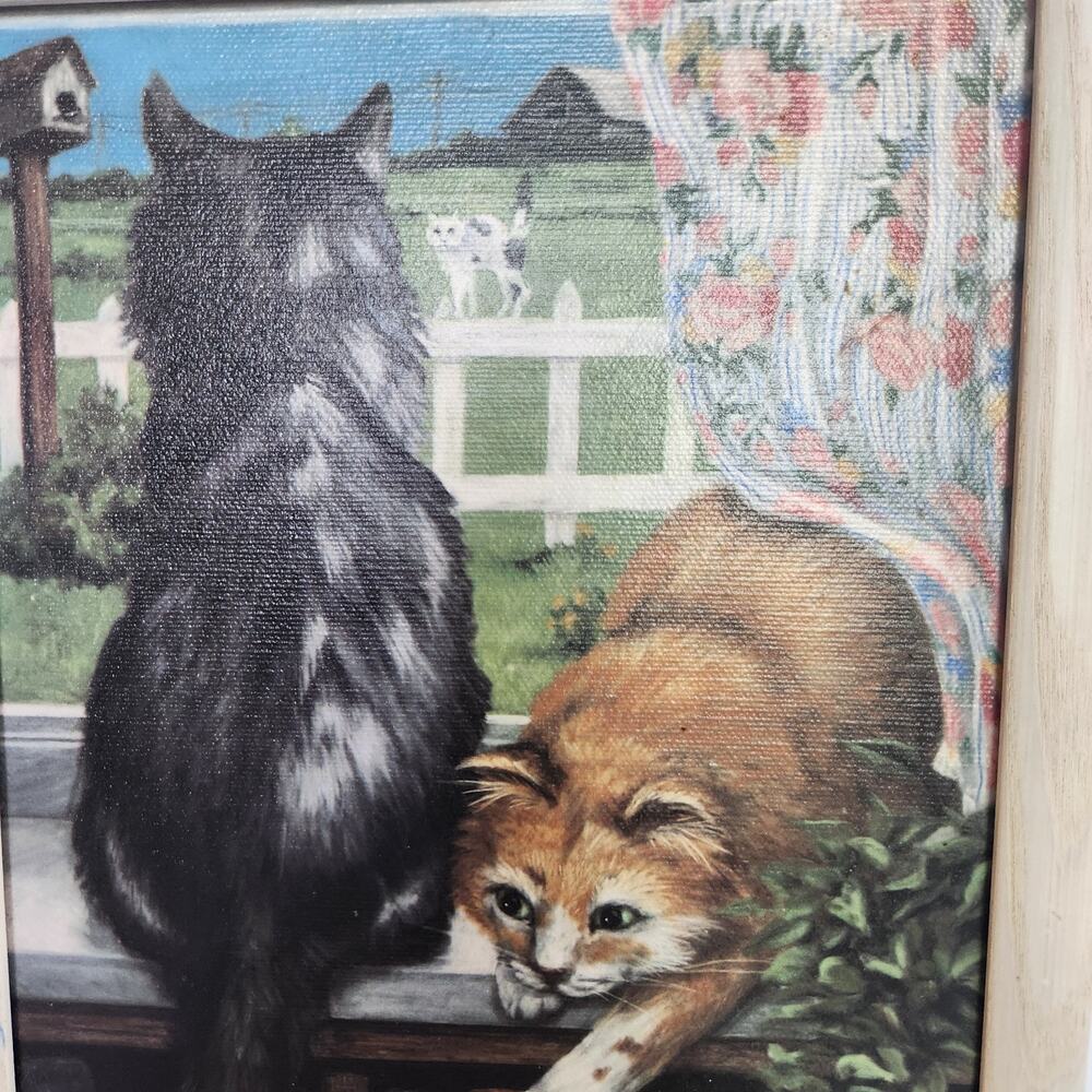 Vintage Catcore Kittycore Painting Cats At Window Framed Hanging Wall Decor 11x9